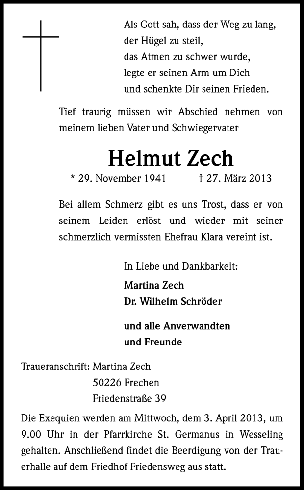  Traueranzeige für Helmut Zech vom 30.03.2013 aus Kölner Stadt-Anzeiger / Kölnische Rundschau / Express