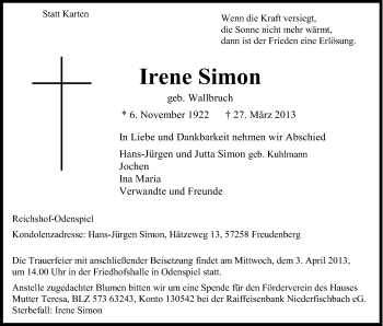 Anzeige von Irene Simon von Kölner Stadt-Anzeiger / Kölnische Rundschau / Express