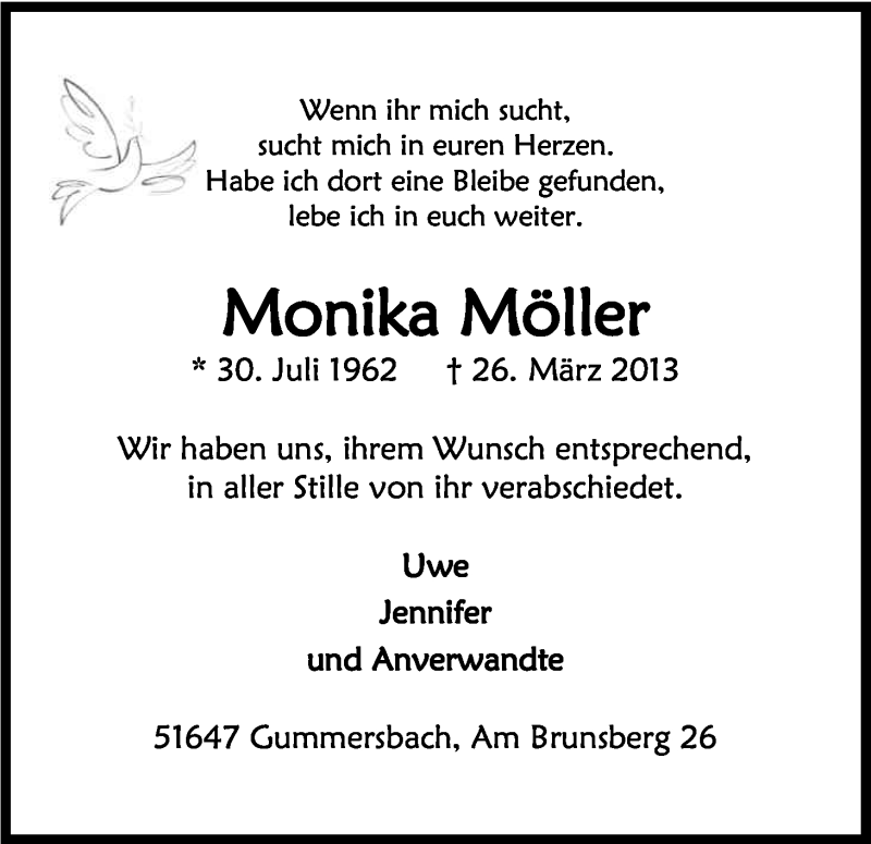 Traueranzeige für Monika Möller vom 06.04.2013 aus Kölner Stadt-Anzeiger / Kölnische Rundschau / Express
