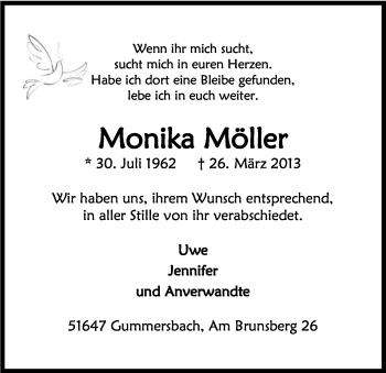 Anzeige von Monika Möller von Kölner Stadt-Anzeiger / Kölnische Rundschau / Express