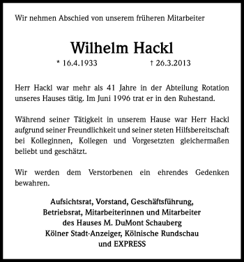 Anzeige von Wilhelm Hackl von Kölner Stadt-Anzeiger / Kölnische Rundschau / Express