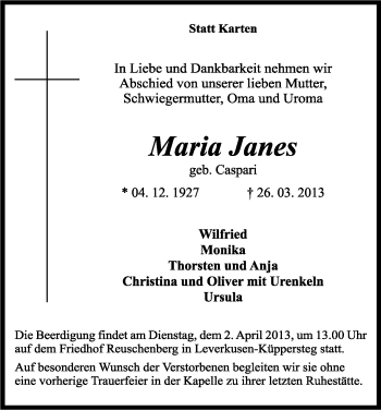 Anzeige von Maria Janes von Kölner Stadt-Anzeiger / Kölnische Rundschau / Express