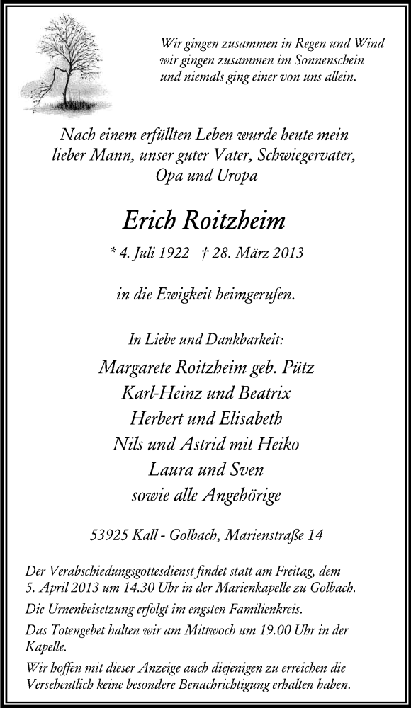  Traueranzeige für Erich Roitzheim vom 30.03.2013 aus Kölner Stadt-Anzeiger / Kölnische Rundschau / Express