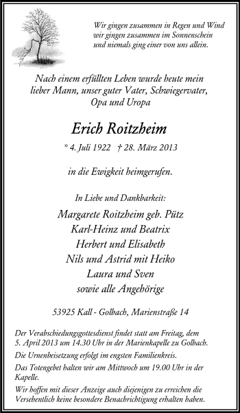 Anzeige von Erich Roitzheim von Kölner Stadt-Anzeiger / Kölnische Rundschau / Express