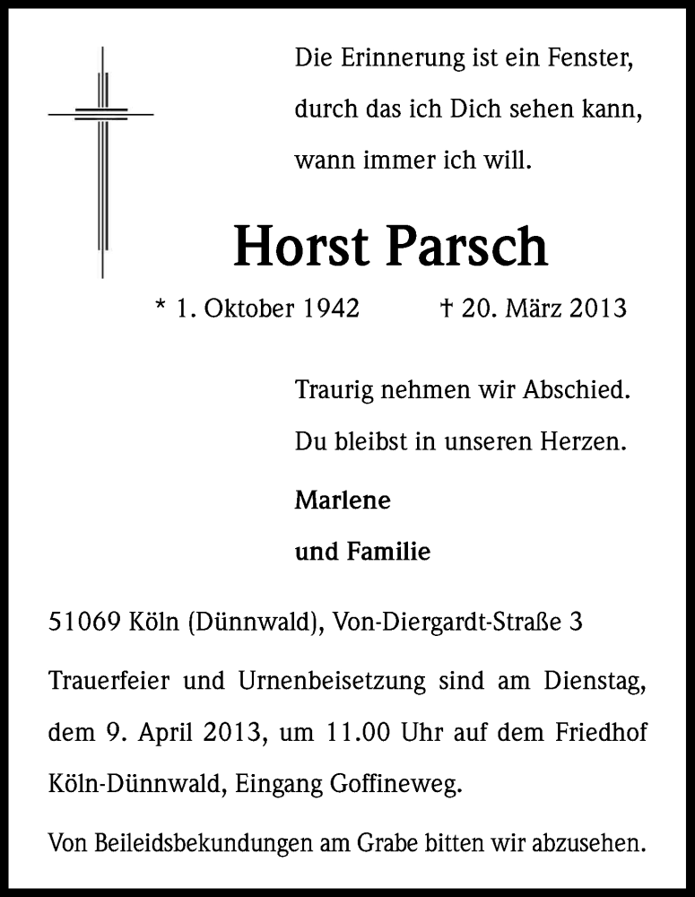  Traueranzeige für Horst Parsch vom 06.04.2013 aus Kölner Stadt-Anzeiger / Kölnische Rundschau / Express