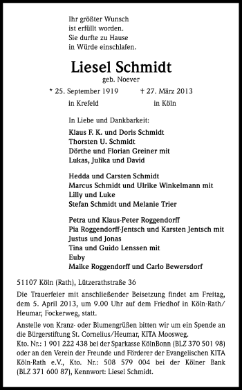 Anzeige von Liesel Schmidt von Kölner Stadt-Anzeiger / Kölnische Rundschau / Express