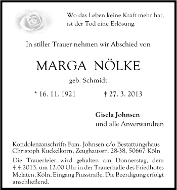 Anzeige von Marga Nölke von Kölner Stadt-Anzeiger / Kölnische Rundschau / Express