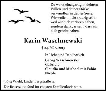 Anzeige von Karin Waschnewski von Kölner Stadt-Anzeiger / Kölnische Rundschau / Express
