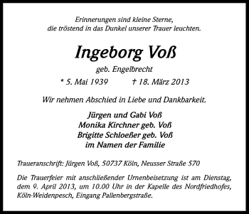 Anzeige von Ingeborg Voß von Kölner Stadt-Anzeiger / Kölnische Rundschau / Express