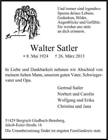 Anzeige von Walter Satler von Kölner Stadt-Anzeiger / Kölnische Rundschau / Express