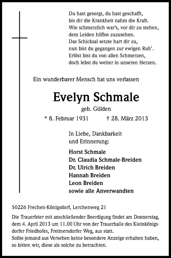  Traueranzeige für Evelyn Schmale vom 30.03.2013 aus Kölner Stadt-Anzeiger / Kölnische Rundschau / Express