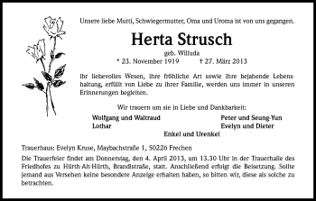 Anzeige von Herta Strusch von Kölner Stadt-Anzeiger / Kölnische Rundschau / Express