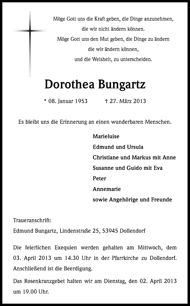  Traueranzeige für Dorothea Bungartz vom 02.04.2013 aus Kölner Stadt-Anzeiger / Kölnische Rundschau / Express