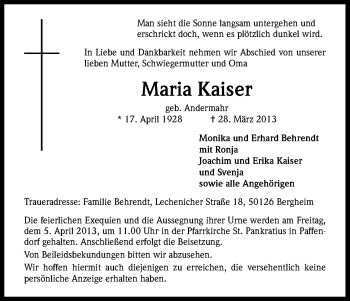 Anzeige von Maria Kaiser von Kölner Stadt-Anzeiger / Kölnische Rundschau / Express