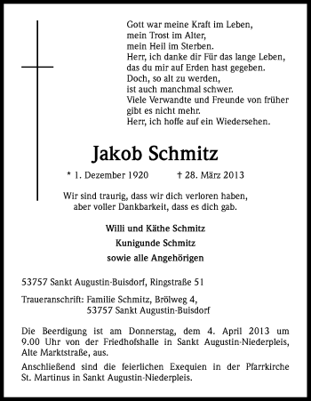 Anzeige von Jakob Schmitz von Kölner Stadt-Anzeiger / Kölnische Rundschau / Express