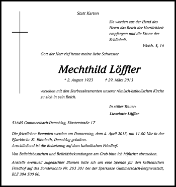 Anzeige von Mechthild Löffler von Kölner Stadt-Anzeiger / Kölnische Rundschau / Express