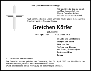 Anzeige von Gretchen Körfer von Kölner Stadt-Anzeiger / Kölnische Rundschau / Express