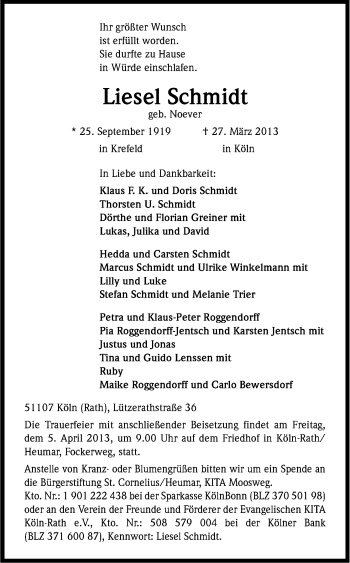 Anzeige von Liesel Schmidt von Kölner Stadt-Anzeiger / Kölnische Rundschau / Express