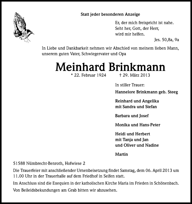  Traueranzeige für Meinhard Brinkmann vom 03.04.2013 aus Kölner Stadt-Anzeiger / Kölnische Rundschau / Express