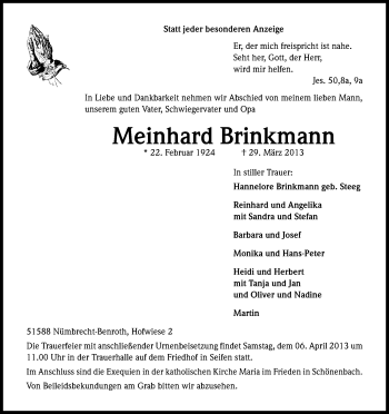 Anzeige von Meinhard Brinkmann von Kölner Stadt-Anzeiger / Kölnische Rundschau / Express