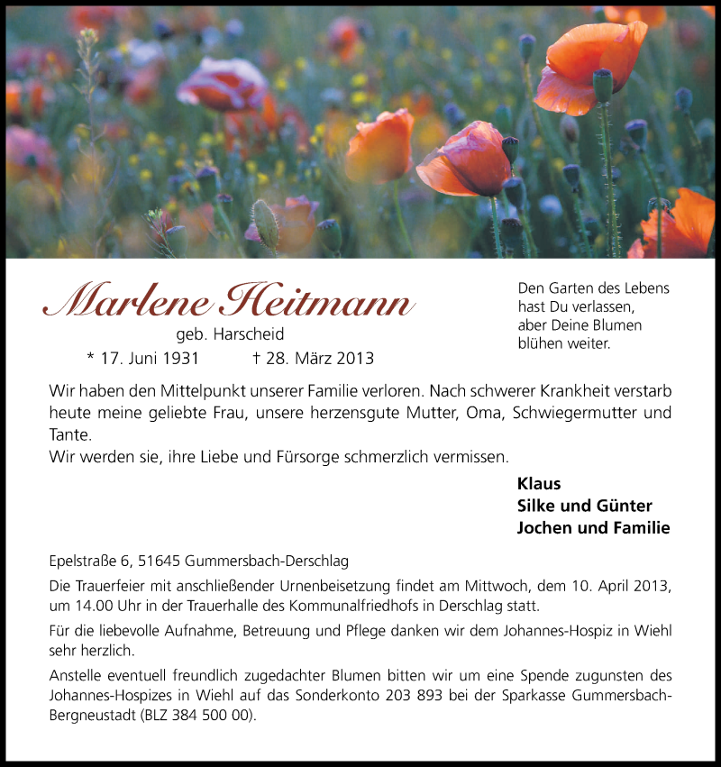  Traueranzeige für Marlene Heitmann vom 03.04.2013 aus Kölner Stadt-Anzeiger / Kölnische Rundschau / Express