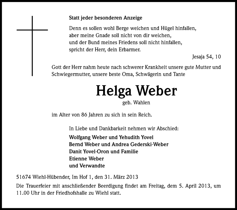  Traueranzeige für Helga Weber vom 03.04.2013 aus Kölner Stadt-Anzeiger / Kölnische Rundschau / Express