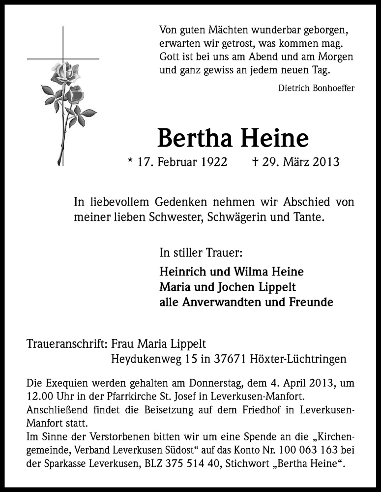  Traueranzeige für Bertha Heine vom 03.04.2013 aus Kölner Stadt-Anzeiger / Kölnische Rundschau / Express