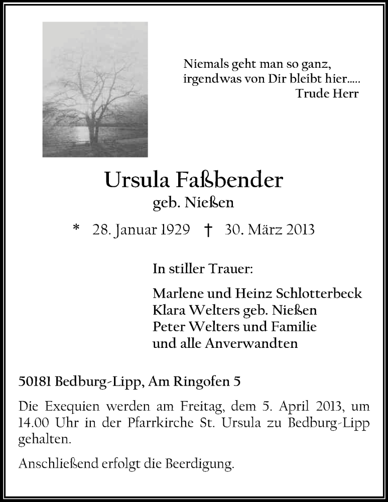  Traueranzeige für Ursula Faßbender vom 03.04.2013 aus Kölner Stadt-Anzeiger / Kölnische Rundschau / Express