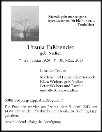 Anzeige von Ursula Faßbender von Kölner Stadt-Anzeiger / Kölnische Rundschau / Express