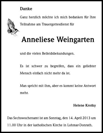 Anzeige von Anneliese Weingarten von Kölner Stadt-Anzeiger / Kölnische Rundschau / Express
