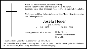 Anzeige von Josefa Heuer von Kölner Stadt-Anzeiger / Kölnische Rundschau / Express