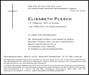 Anzeige von Elisabeth Plesch von Kölner Stadt-Anzeiger / Kölnische Rundschau / Express