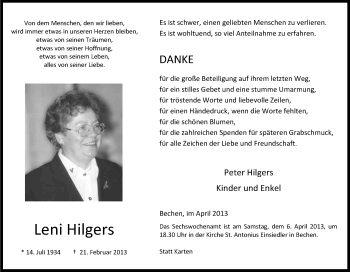 Anzeige von Leni Hilgers von Kölner Stadt-Anzeiger / Kölnische Rundschau / Express