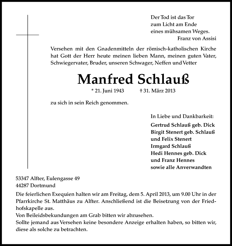  Traueranzeige für Manfred Schlauß vom 03.04.2013 aus Kölner Stadt-Anzeiger / Kölnische Rundschau / Express