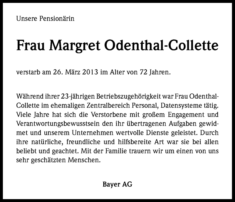  Traueranzeige für Margret Odenthal-Collette vom 03.04.2013 aus Kölner Stadt-Anzeiger / Kölnische Rundschau / Express