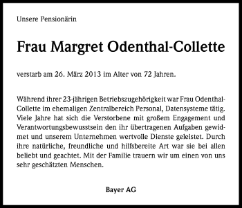 Anzeige von Margret Odenthal-Collette von Kölner Stadt-Anzeiger / Kölnische Rundschau / Express