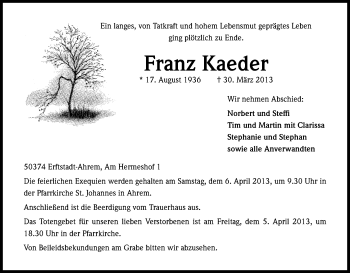 Anzeige von Franz Kaeder von Kölner Stadt-Anzeiger / Kölnische Rundschau / Express