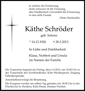 Anzeige von Käthe Schröder von Kölner Stadt-Anzeiger / Kölnische Rundschau / Express