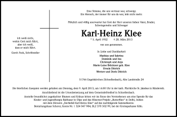 Anzeige von Karl-Heinz Klee von Kölner Stadt-Anzeiger / Kölnische Rundschau / Express
