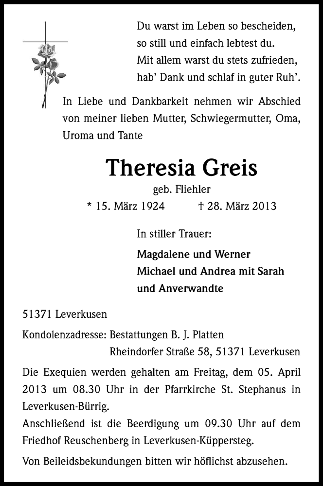  Traueranzeige für Theresia Greis vom 03.04.2013 aus Kölner Stadt-Anzeiger / Kölnische Rundschau / Express