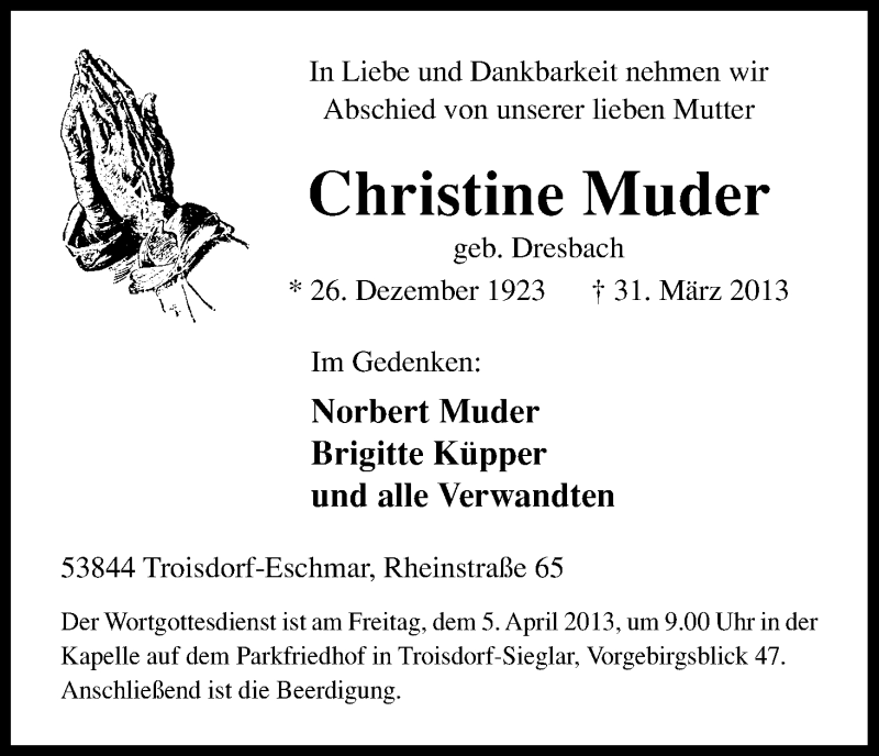  Traueranzeige für Christine Muder vom 03.04.2013 aus Kölner Stadt-Anzeiger / Kölnische Rundschau / Express