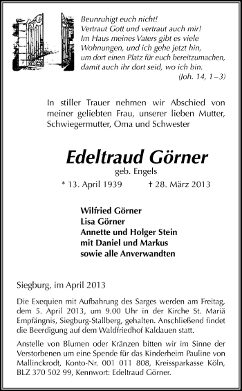 Anzeige von Edeltraud Görner von Kölner Stadt-Anzeiger / Kölnische Rundschau / Express