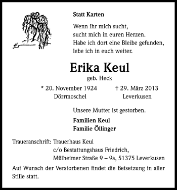 Anzeige von Erika Keul von Kölner Stadt-Anzeiger / Kölnische Rundschau / Express
