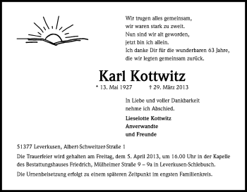 Anzeige von Karl Kottwitz von Kölner Stadt-Anzeiger / Kölnische Rundschau / Express