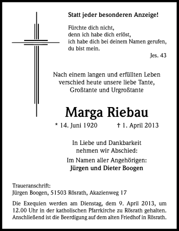 Anzeige von Margarete Riebau von Kölner Stadt-Anzeiger / Kölnische Rundschau / Express