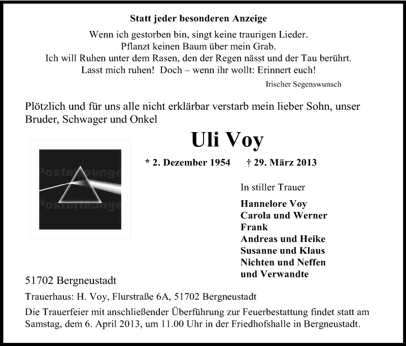  Traueranzeige für Uli Voy vom 03.04.2013 aus Kölner Stadt-Anzeiger / Kölnische Rundschau / Express