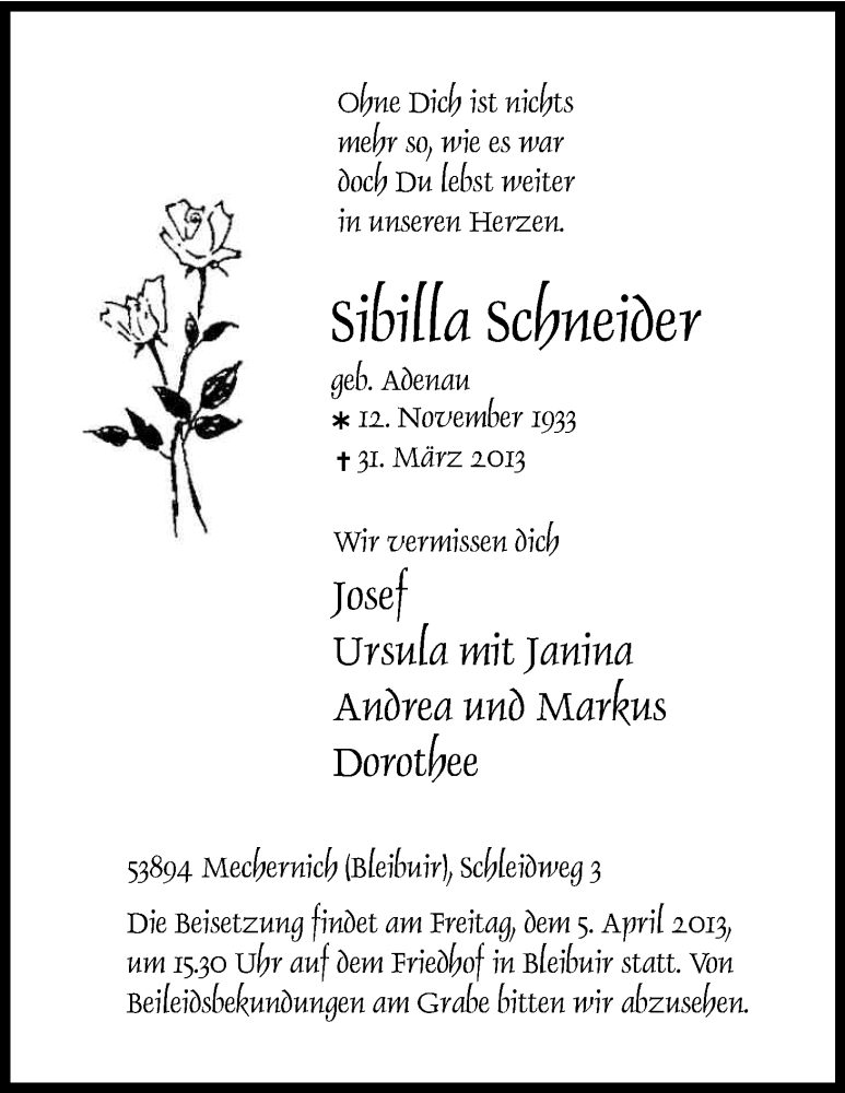  Traueranzeige für Sibilla Schneider vom 03.04.2013 aus Kölner Stadt-Anzeiger / Kölnische Rundschau / Express