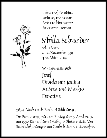 Anzeige von Sibilla Schneider von Kölner Stadt-Anzeiger / Kölnische Rundschau / Express