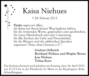 Anzeige von Kaisa Niehues von Kölner Stadt-Anzeiger / Kölnische Rundschau / Express