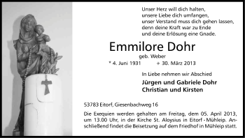 Anzeige von Emmilore Dohr von Kölner Stadt-Anzeiger / Kölnische Rundschau / Express